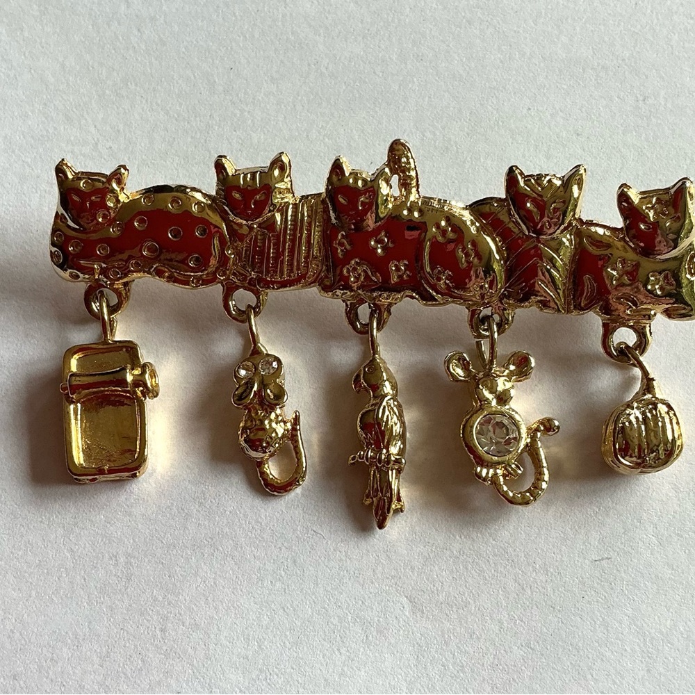 Vintage AJC Gold Cat Brooch with Charms